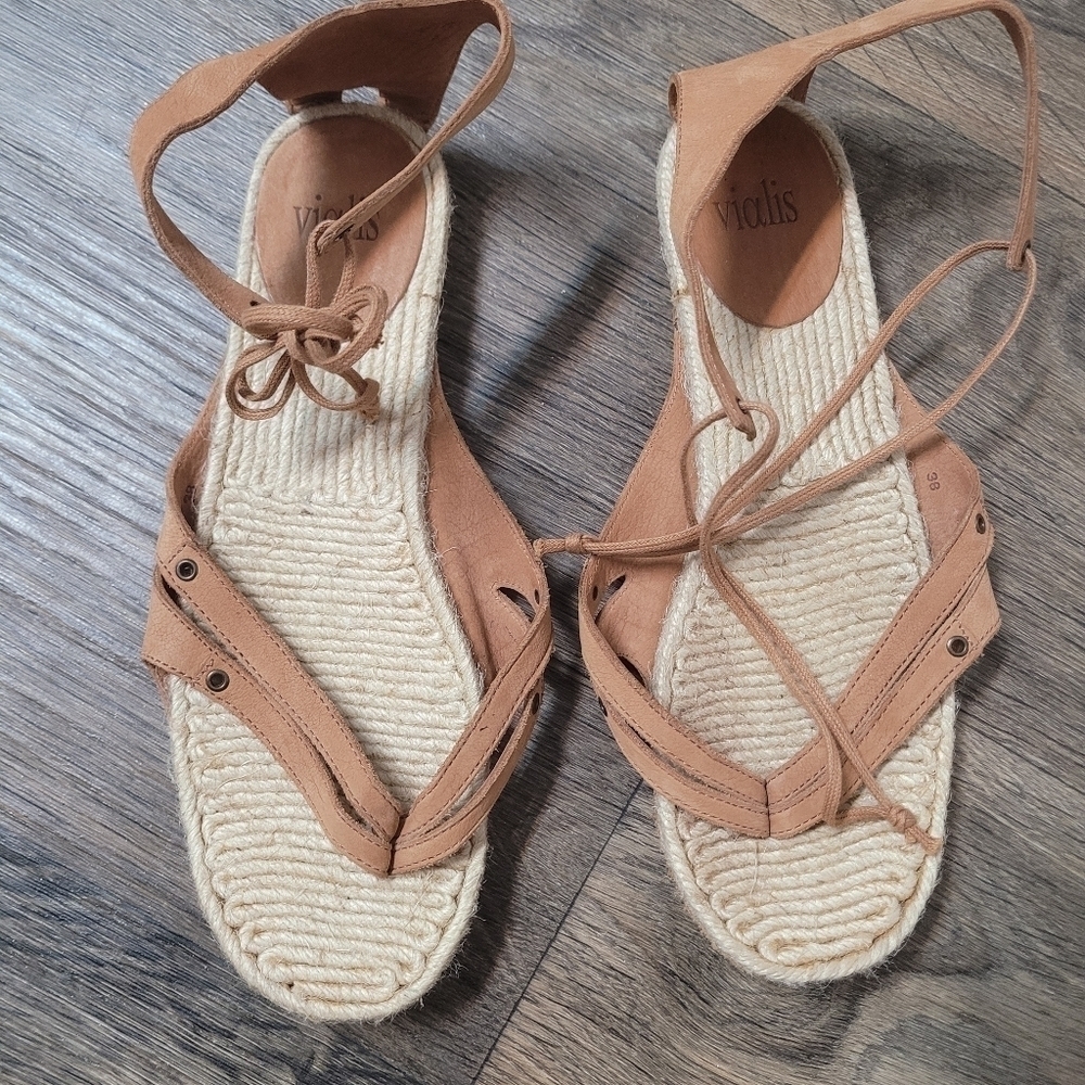 Vialis leather flat espadrile sandals size 38 gladiator - Picture 2 of 5